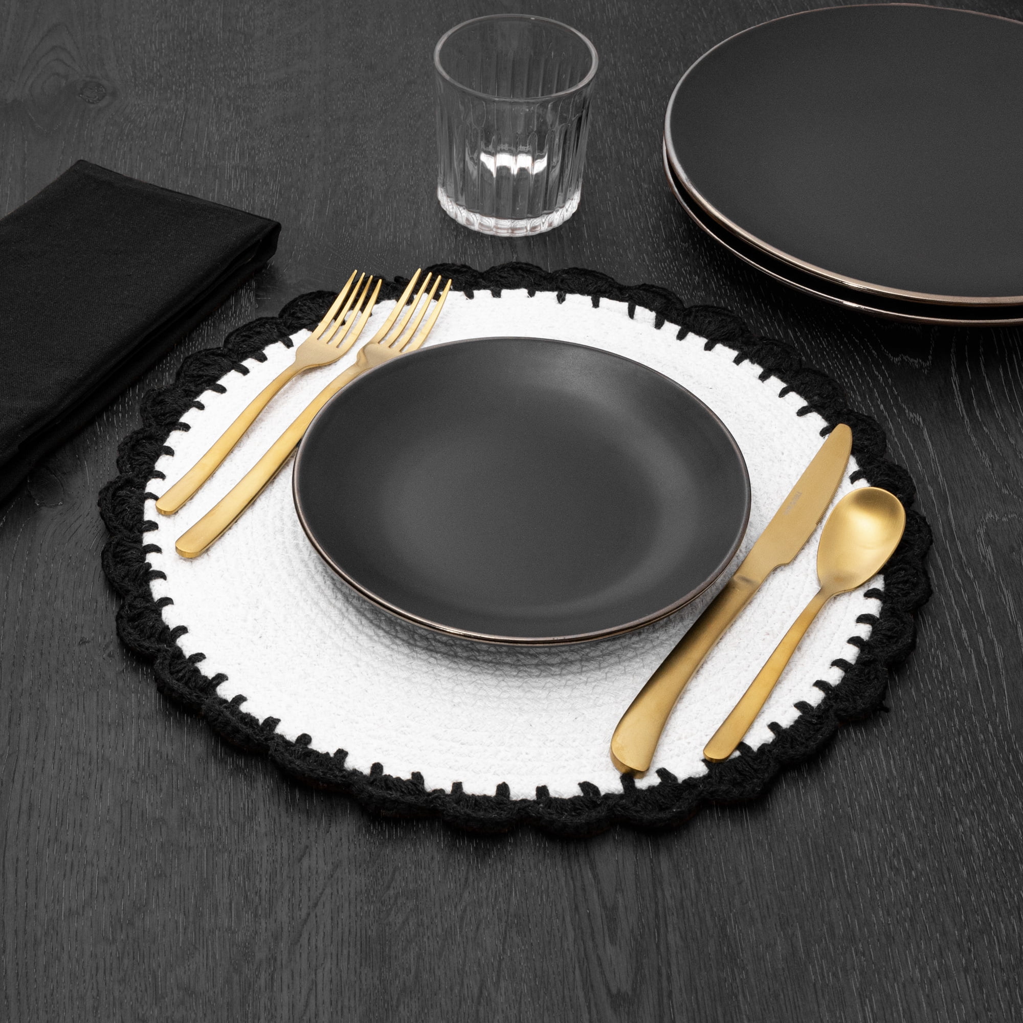(4 pack) Thyme & Table Placemat, White Crochet with Black Trim, 15" Round