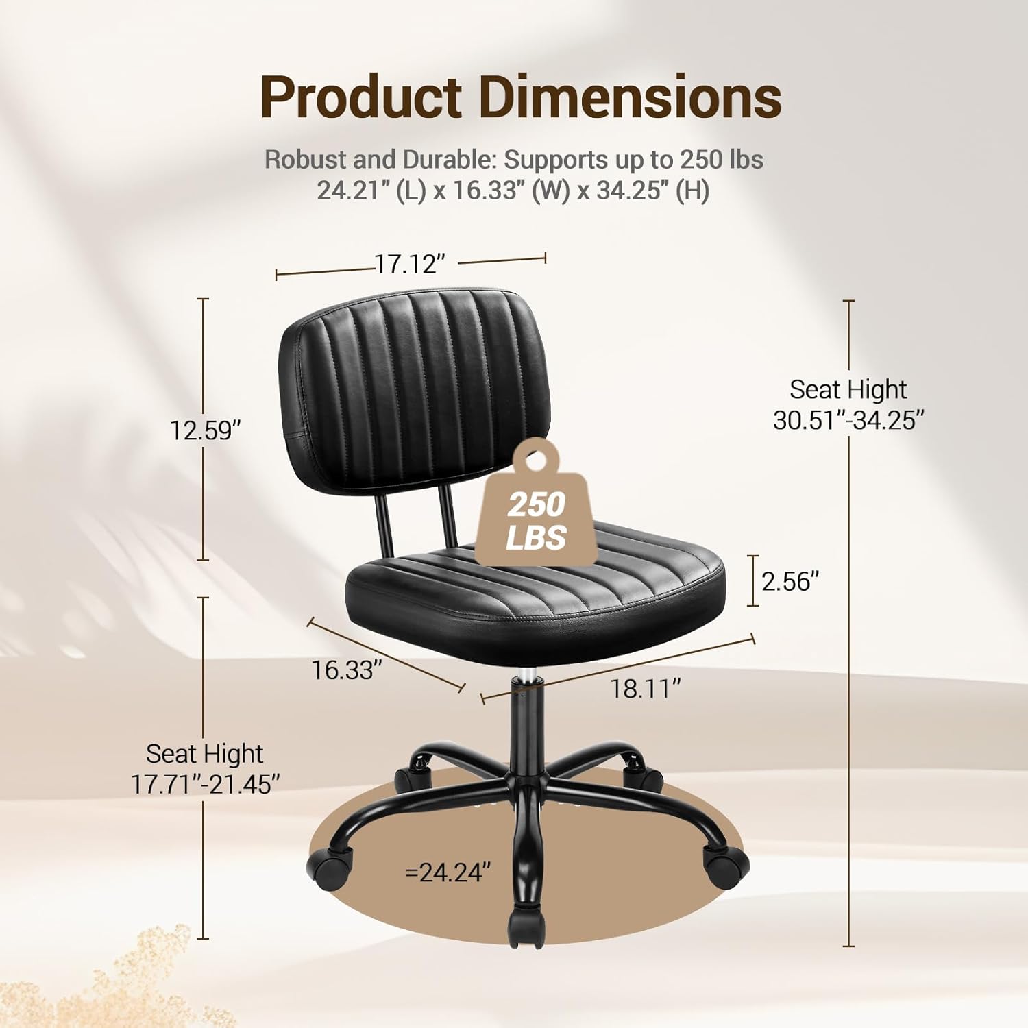 QUIOCOZY Home Office Desk Chair with Low Back and Wheels PU Leather Computer Chair Ergonomic Adjustable Height Comfy Chair Armless with Swivel Rolling Vanity Chairs for Bedroom Adult Black