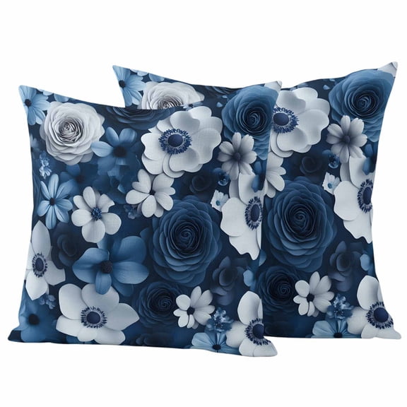 Blue Flowers Pillow Covers 2 Pack Spring Pastoral White Floral Pillowcase Waterproof Outdoor Throw Pillow Cover for Patio Garden Square Cushion 16”x16”