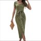 thumbnail image 3 of Vestido Maxi de Verano 2025 para Mujer, Corta, Cuello Redondo, Cintura Anudada, Corte Entallado, Abertura, Fruncido Verde M, 3 of 10
