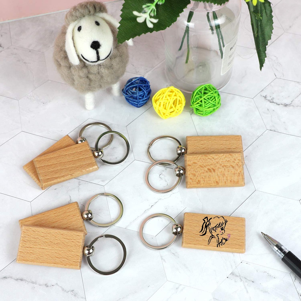 100Pcs DIY Blank Wooden Key Chain Rectangle Heart Round Ellipse Carving Key Ring Wood Key Chain Ring