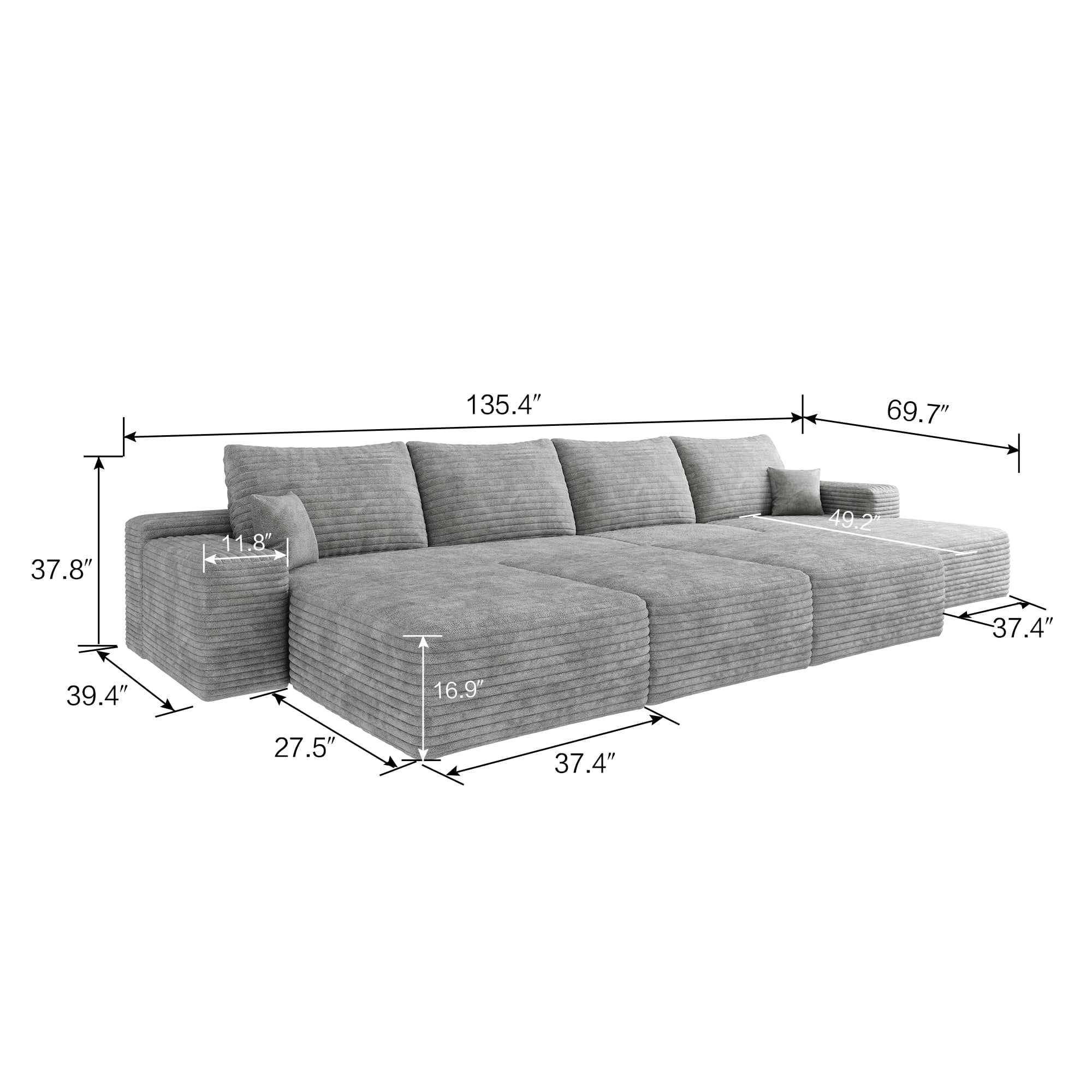 MAYEERTY 135" Gray Modern Modular Cloud Sectional - No Assembly, Stylish Spacious Room