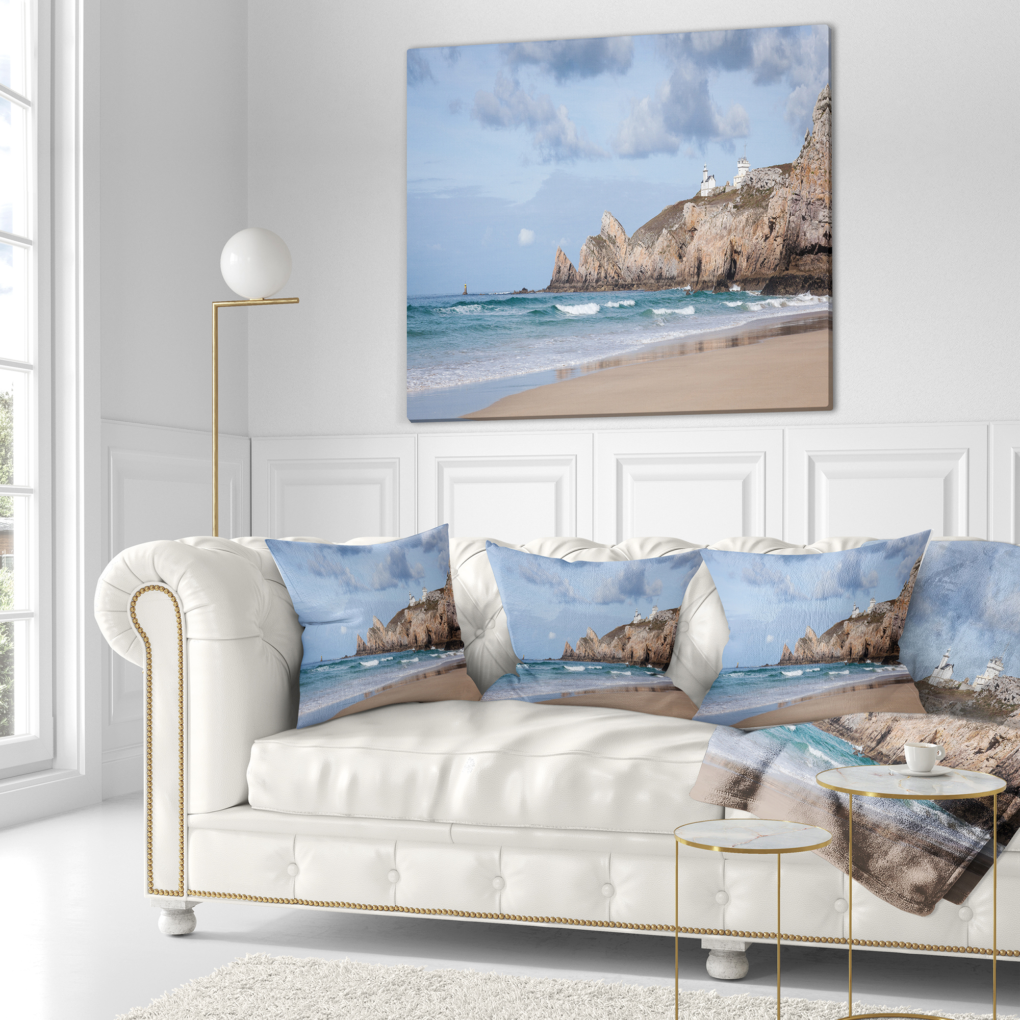 Designart Coastline with Lighthouse Panorama - Seashore Throw Pillow - 18x18