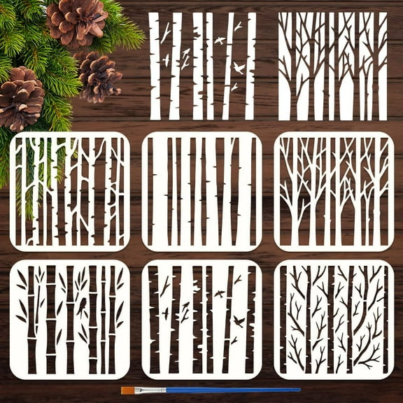 6PCS Tree Trunk Stencils Painting with Brush 5.9x5.9inch Reusable Birch Bamboo Branch Template Hollowed Flying Birds Stencil Plastic PET Plant Theme Template