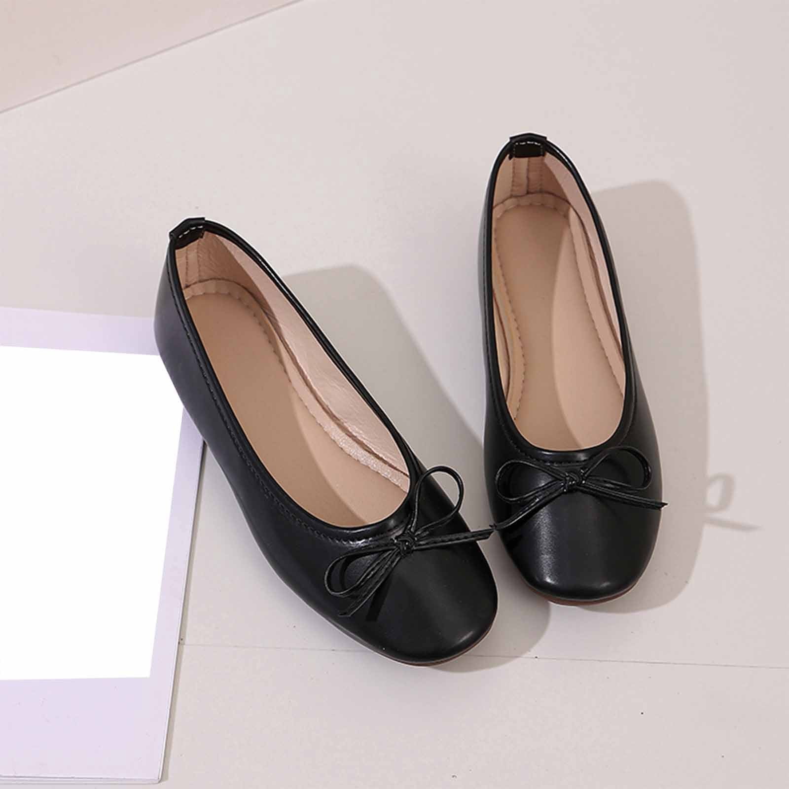 Womens Ballet Flats Slip On Comfortable Work Shoes for Women, Black Everyday Flats with Bow Detail,Size 8.5