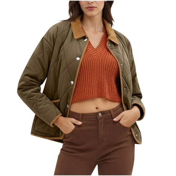 Wensltd Women's Quilted Jacket Long Sleeve Solid Color Stand Collar Thick Warm Cotton Padded Coat Jacket Classic Style