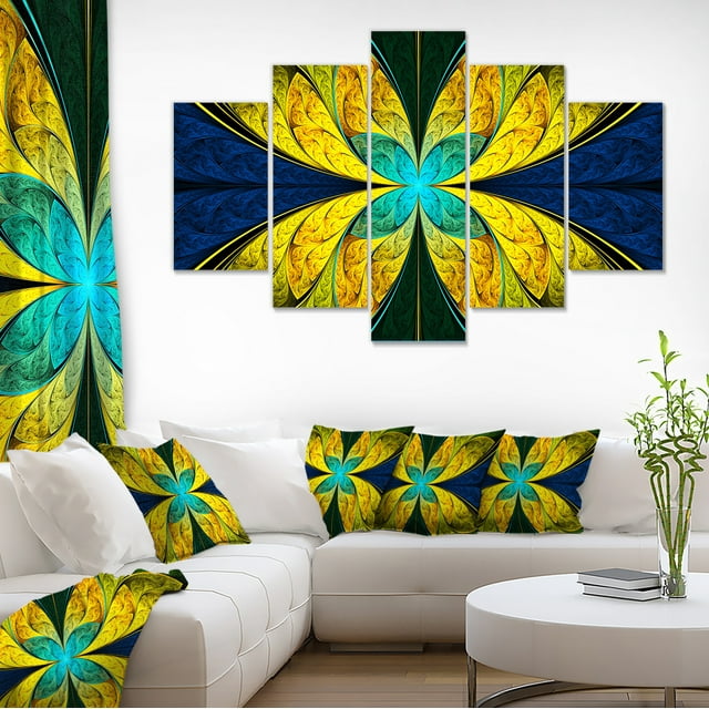 Bright Yellow Blue Fractal Flower - Floral Canvas Art Print