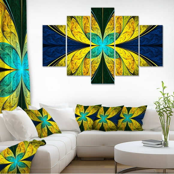 Fleur Fractale Jaune Vif Bleue - Impression sur Toile Florale