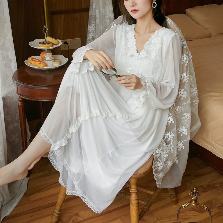 Women's Vintage Sleepwear Robes White Fur Trim Dress V Neck Long Sleeve Gown