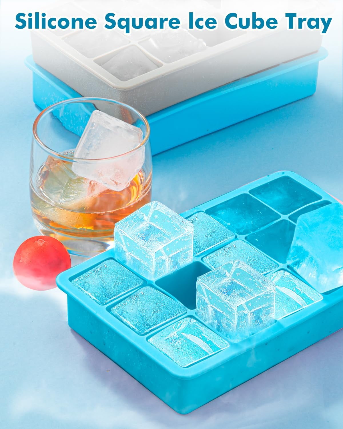 2-Pack Silicone Ice Cube Trays – 1.25" Square, 30 Cubes (15 per Tray), Easy-Release – BPA-Free – For Freezer/Cocktail/Whiskey – 5 Colors