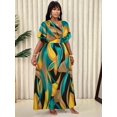 thumbnail image 3 of Blue Yellow Plus Size Women V-Neck Wrap Maxi Dress With Abstract Leaf Print Casual Elegant Summer Dress, 3 of 7
