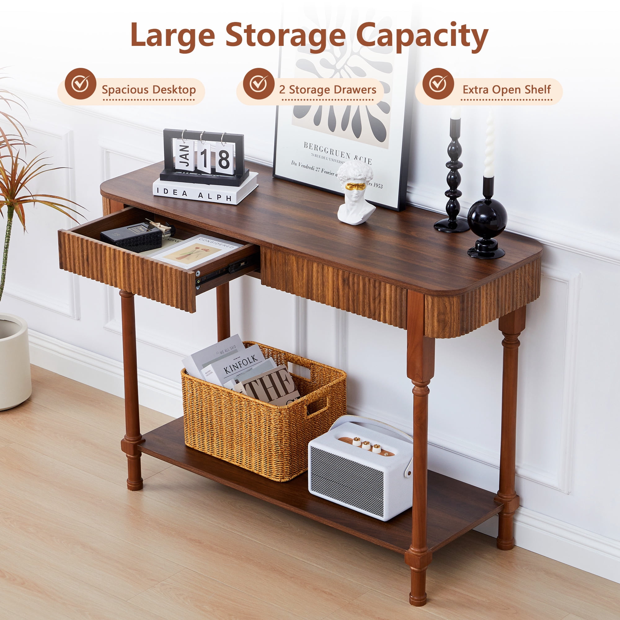 YOCWO Roman Column Console Table, Fluted Sofa Table with 2 Drawer and Open Shelf for Storage, Mid Century Modern Entryway Table for Living Room Hallway, Walnut