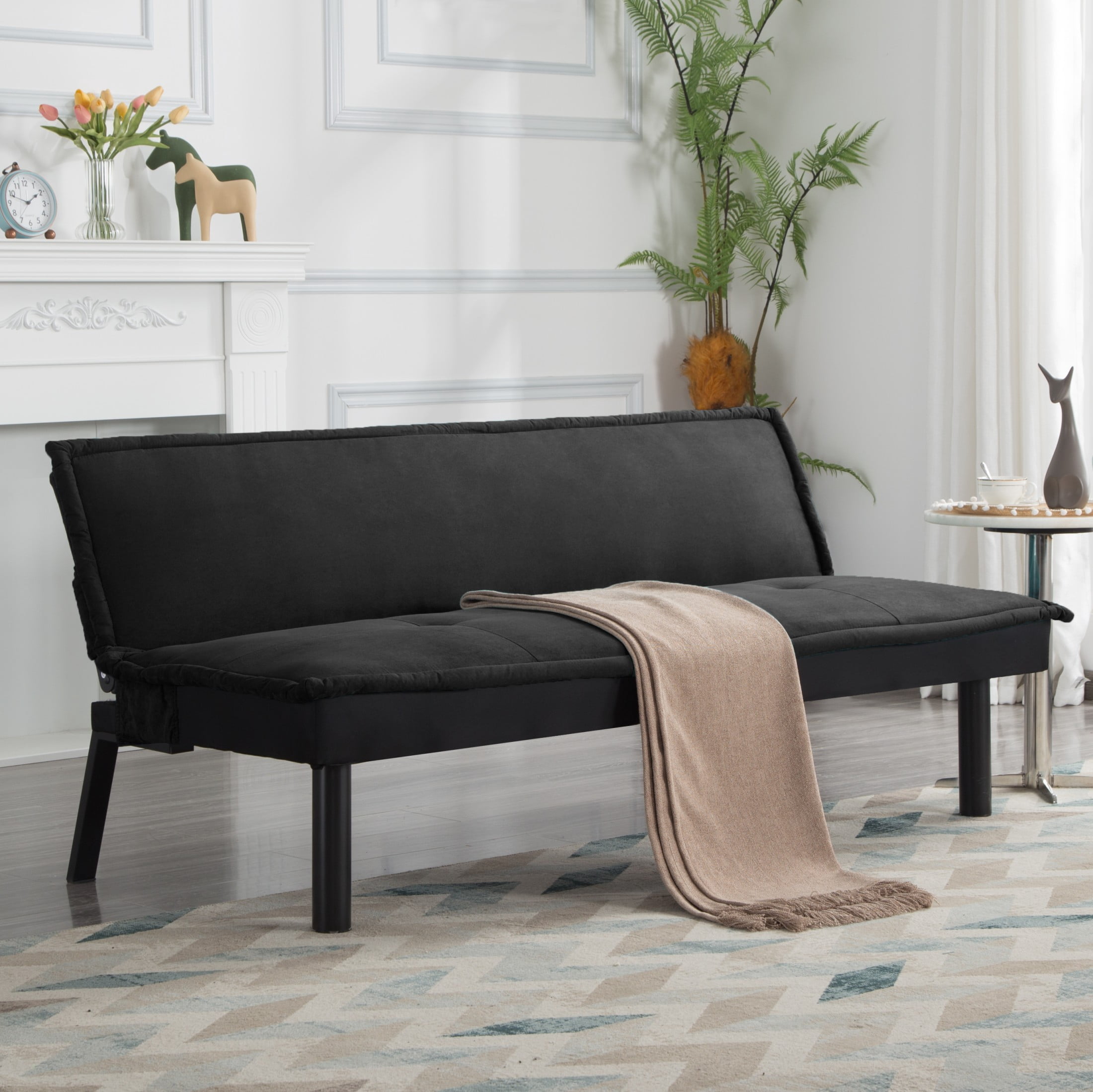 Gewnee 64.6" Convertible Sleeper Sofa Bed, Velvet Futon Couch with Push-Back Mechanism, Modern Sofa Bed for Living Room, Guest Room, Small Space(Black)