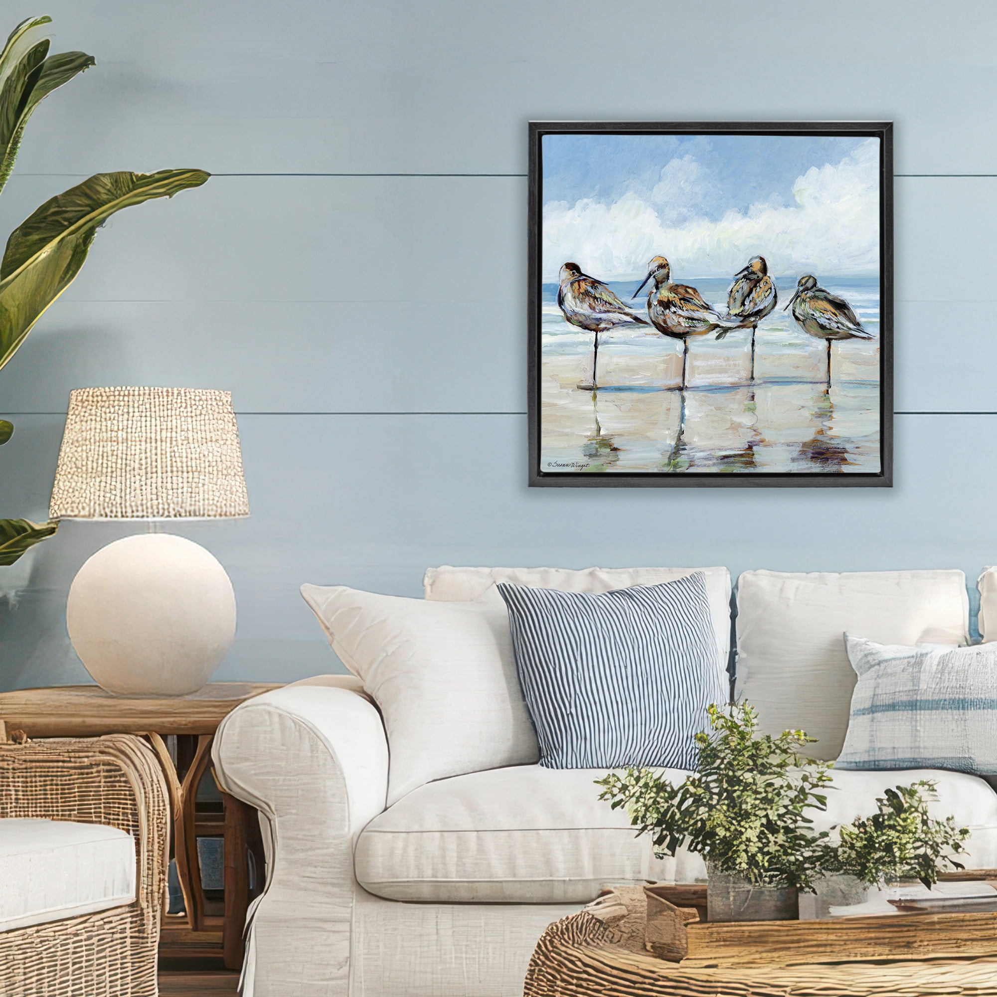 Stupell Industries Sandpipers Balancing On Beach Black Framed Floater Canvas Wall Art, design by Susan Winget