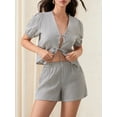 thumbnail image 3 of Gupgi Ensemble de Pyjama 2 Pcs à Rayures pour Femmes, Manches Courtes Bouffantes, Chemise à Nouer devant, Shorts à Taille Élastique, 3 of 9