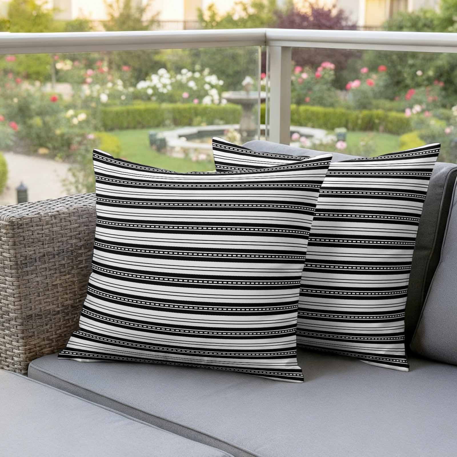 Boho Black Stripe Outdoor Waterproof Pillow Covers, Abstract Geometric White Minimalist Decorative Square Throw Pillowcase Sofa Cushion Sham for Patio/Couch/Chair, 20"x20" 2 Pack