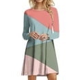 thumbnail image 2 of Robes d'Automne pour Femmes Col Rond Bloc de Couleur Robe à Manches Longues Décontractée Ample Tunique Évasée Mini Robes, 2 of 5