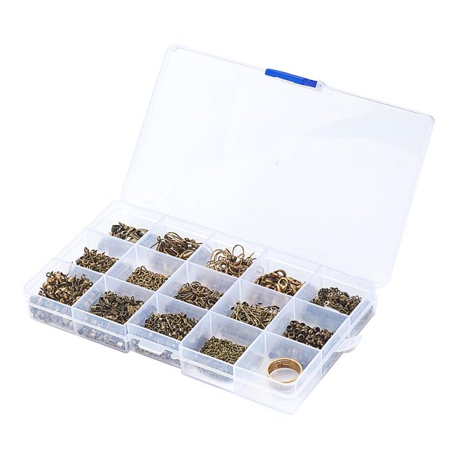 Ganchos para pendientes Salvador de fornituras de joyería en caja de plástico 15 contenedores Bronce antiguo