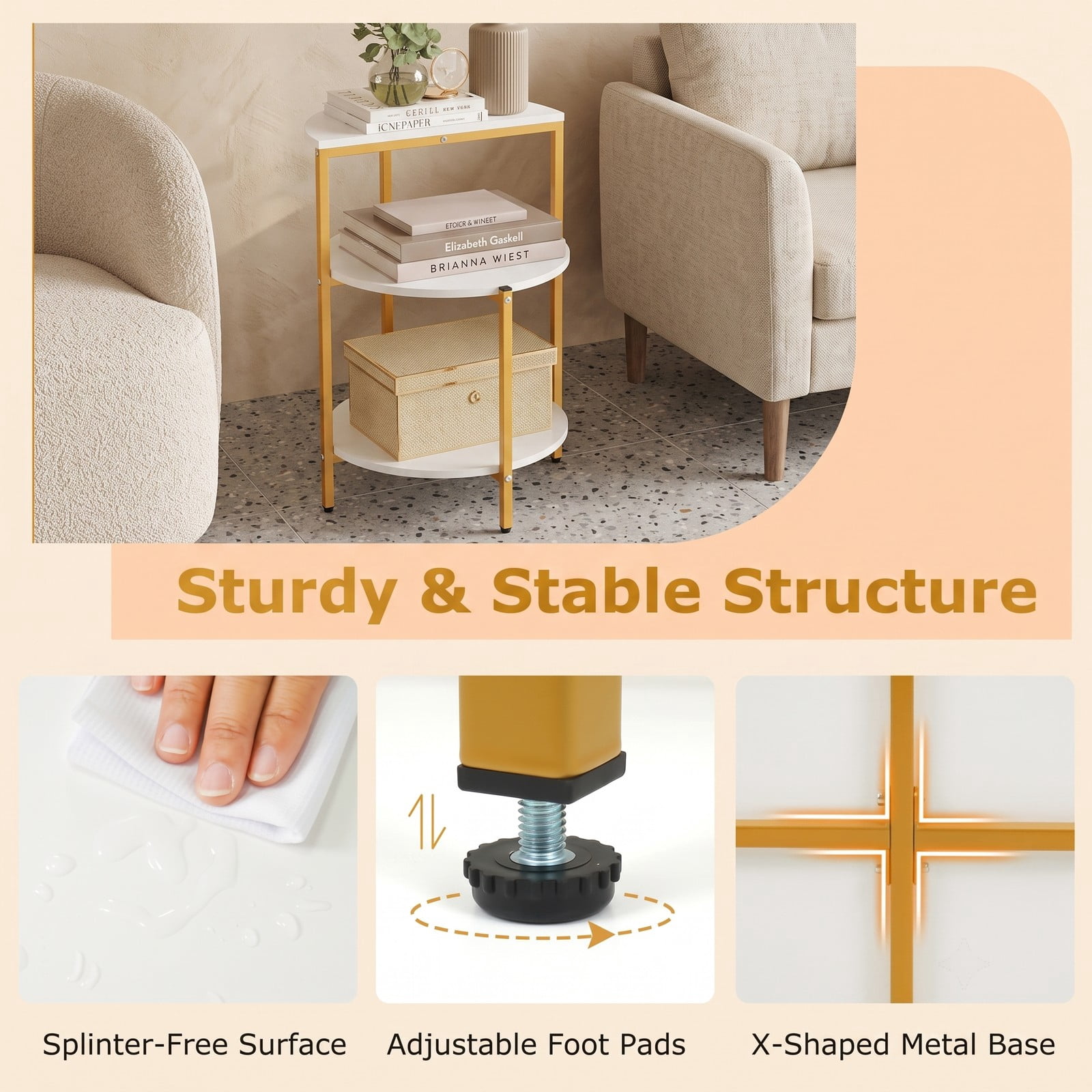Furnibear 3-Tier Round End Table, Small Space Side Table Nightstand with Storage Shelves and X-Shaped Gold Metal Base for Living Room Bedroom Entryway, White & Gold
