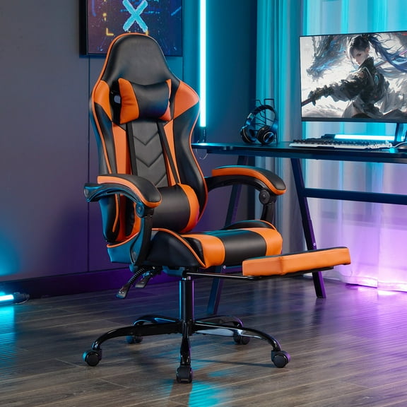 Game Chairs Gaming Chair with Footrest, Ergonomic Computer Chair with Headrest and Lumbar Support, Breathable Material Height Adjustable Video Game Chairs for Adults, Black Orange,Recreation Room Cha