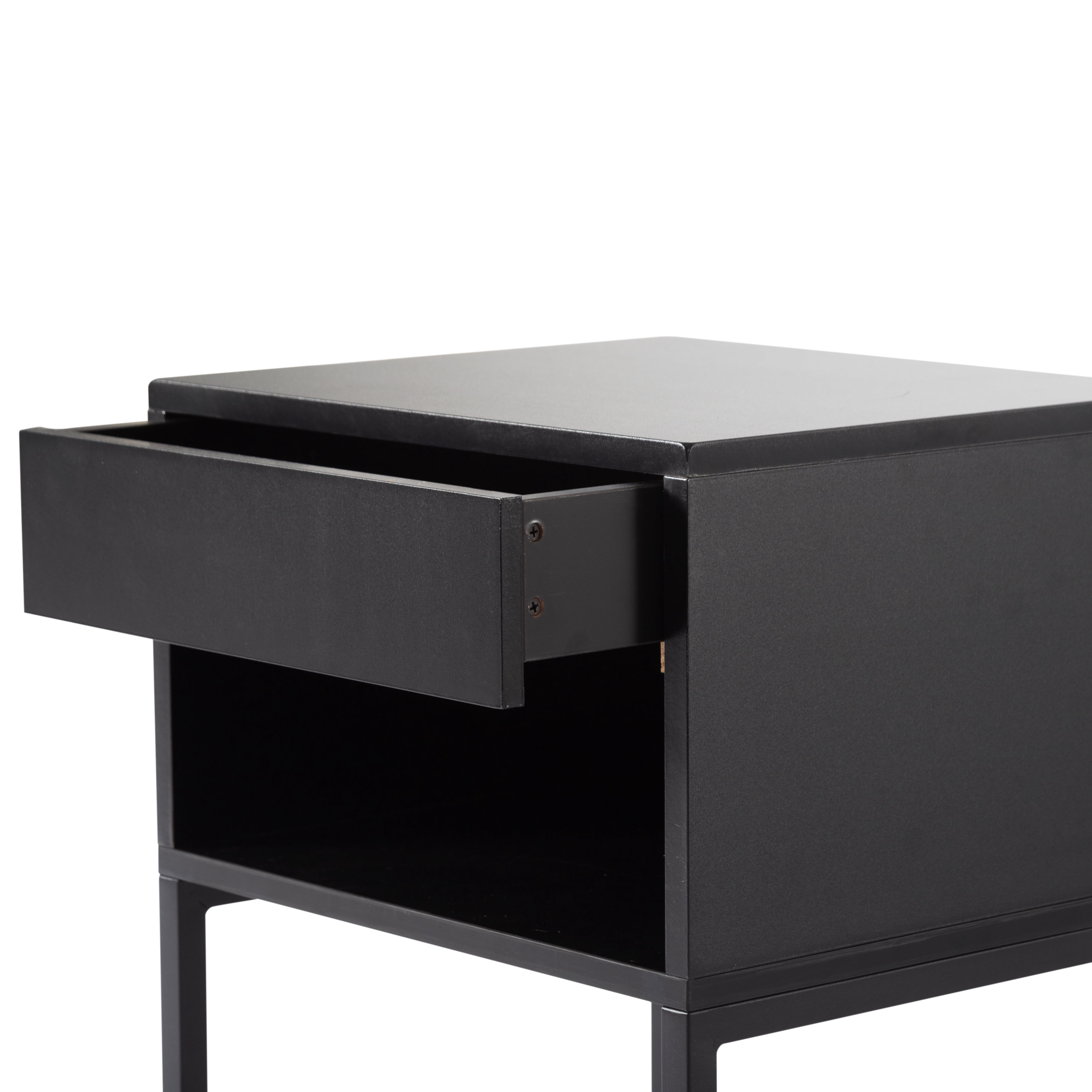 Gewnee 15.91"Small Nightstand with Drawer and Storage Shelf,MDF Wood Side Table with Metal Legs for Small Spaces,End Table for Bedroom,Living Room,Office.Black