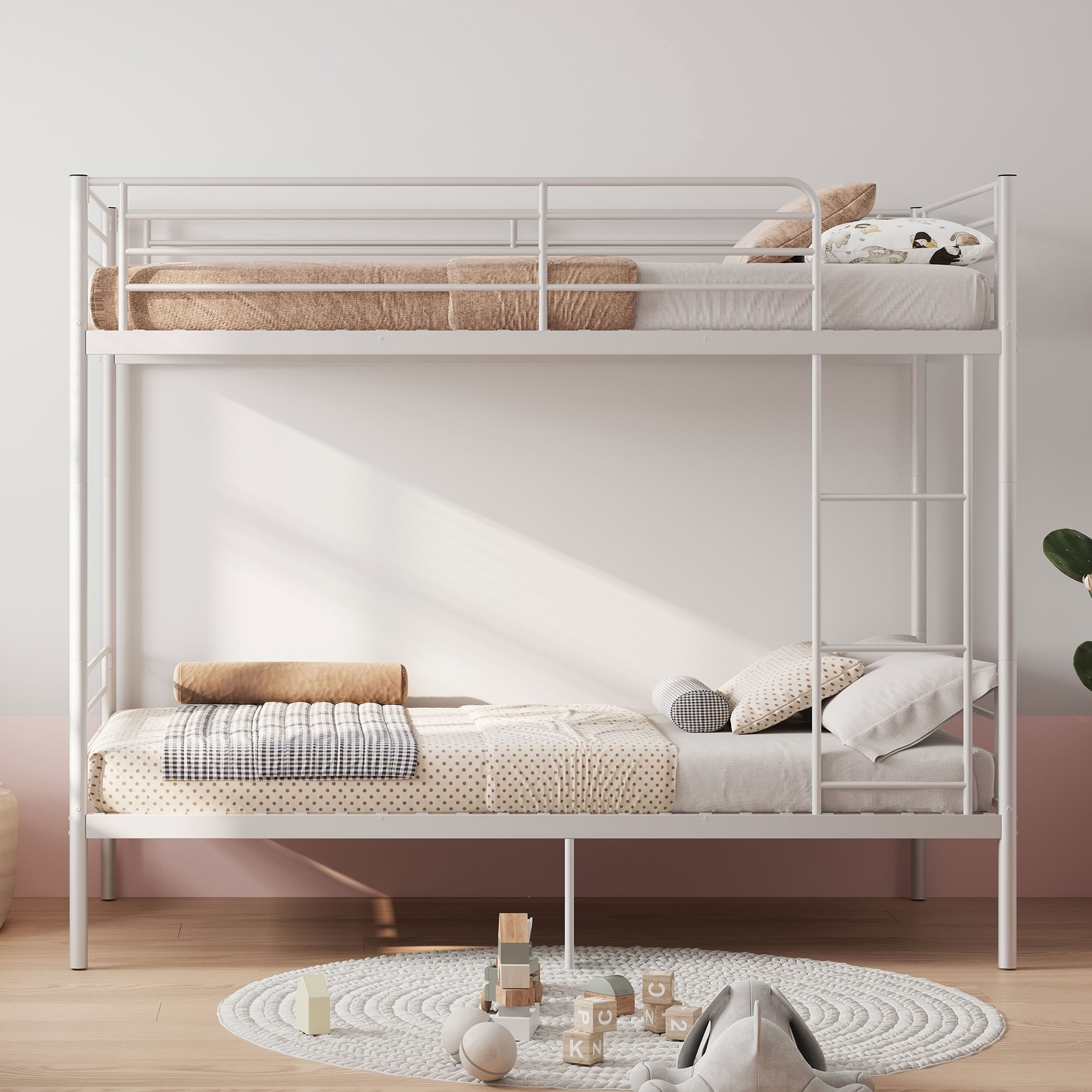 MAYEERTY Twin Over Twin Metal Bunk Bed with Ladder and High Guardrail, Heavy Duty Steel Frame, Space-Saving Bed for Kids Teens Adults Bedroom Dorm, No Box Spring Needed