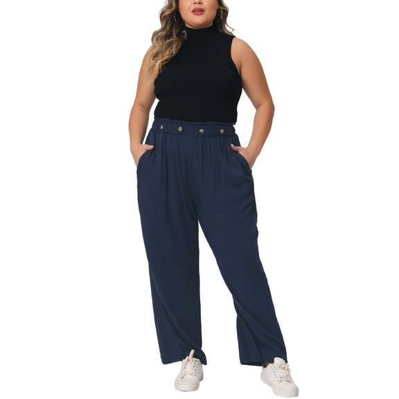 Agnes Orinda Women's Plus Size Palazzo Pants Stretchy High Waisted Wide Leg Pants with Pocket 2X Navy Blue