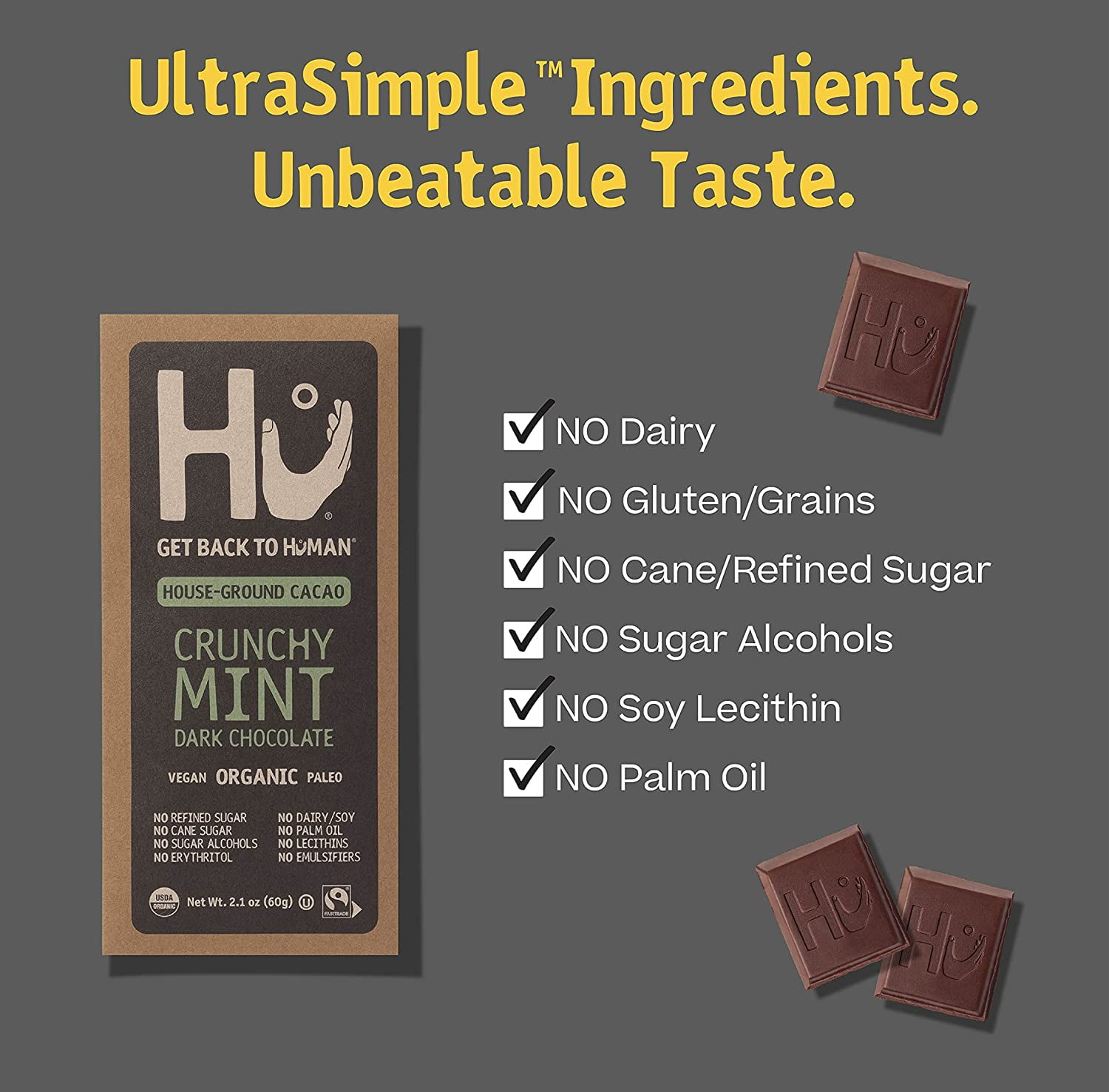 Hu Dark Chocolate Bars | Natural Organic Vegan Chocolate, Gluten Free, Paleo, Non GMO, Fair Trade Dark Chocolate (Crunchy Mint, 4 pack)