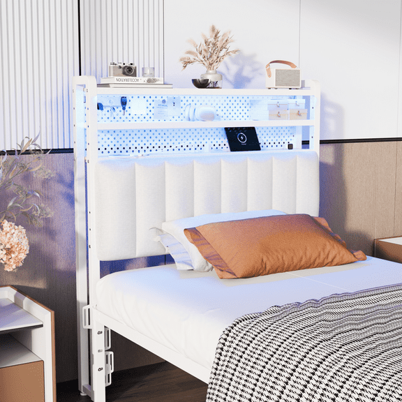 Ktaxon Linen Upholstered Headboard Twin Size, Adjustable Height Headboard with 2-Tier Storage, Charging Station & LED Light, White