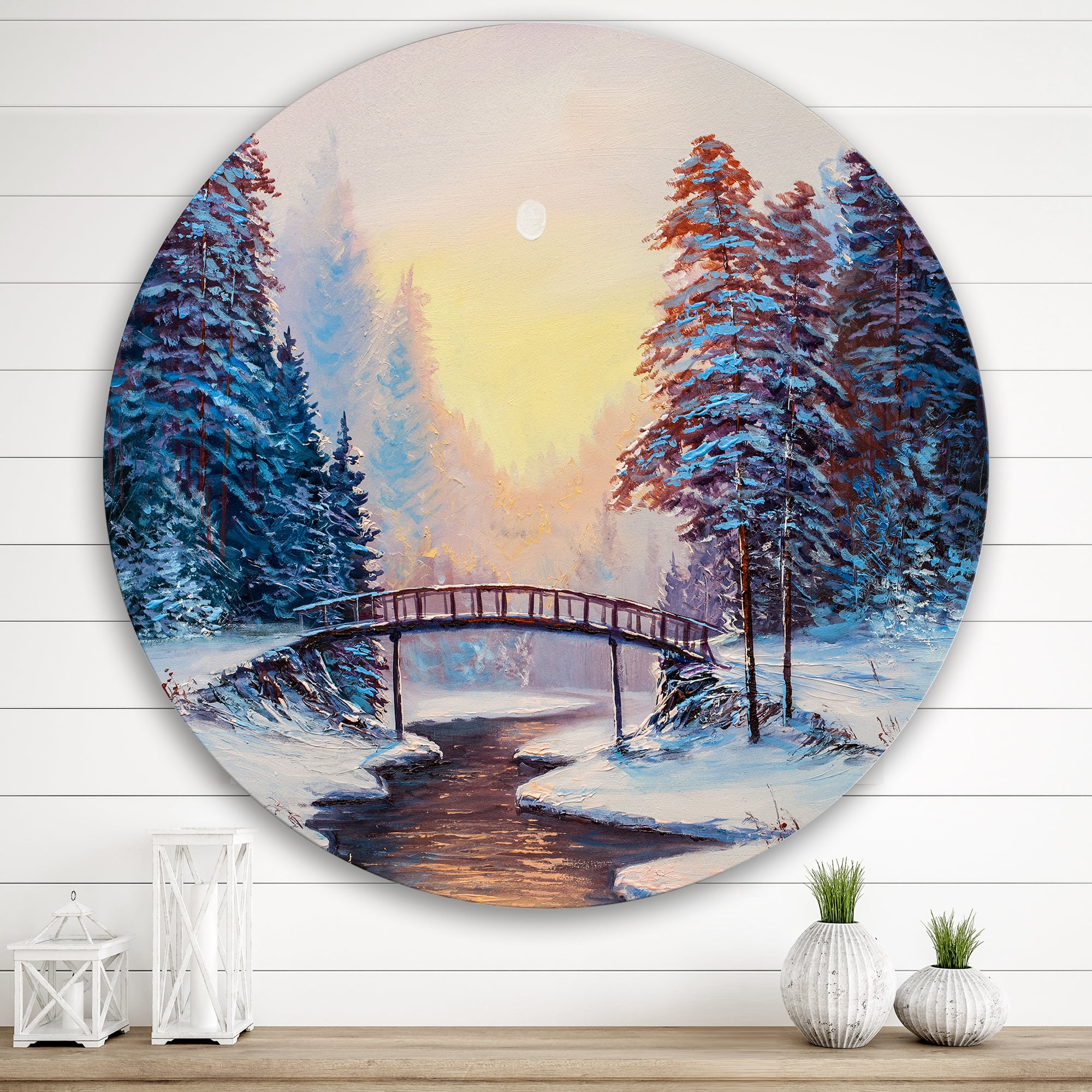 Designart 'Snow Covered Landscape and Little Bridge' Traditional Circle Metal Wall Art 29x29 - Disc of 29