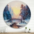 thumbnail image 2 of Designart 'Snow Covered Landscape and Little Bridge' Traditional Circle Metal Wall Art 36x36 - Disc of 36, 2 of 5