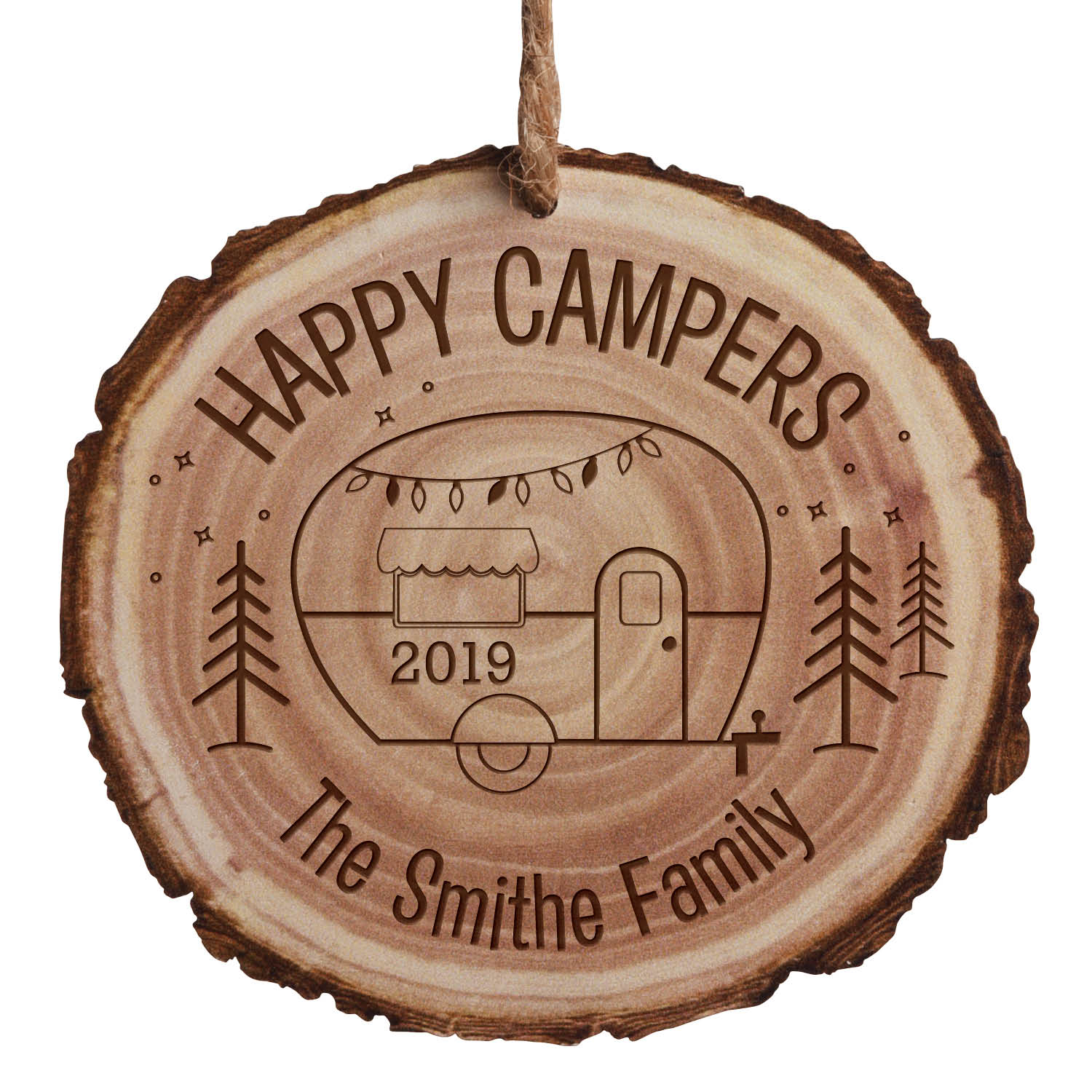 Personalized Happy Campers Christmas Tree Ornament with Cut Log Design