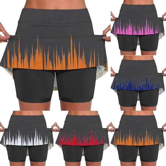 Jacenvly New Sport Skirts Women Leisure Women's Summer Gradient Color Print Pleated Tennis Skirts Athletic Stretchy Yoga Fake Two Piece Shorts Skirt Breathable Dark Blue