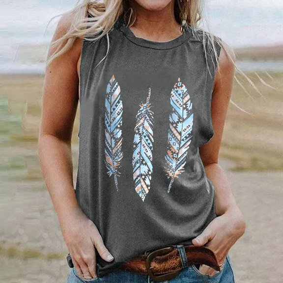 Fznquz Feather Print Ribbed Tank Tops for Women Sleeveless Crew Neck Plus Size Color Block Gray Fashion Loose Womens Tank Tops Maxi