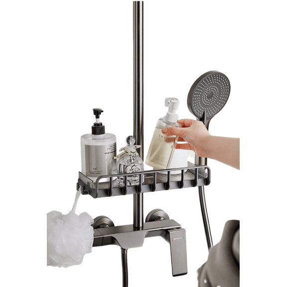 Shower Caddy Tension Pole Rod Plastic Bathroom Rack Storage with Hooks Showerhead Holder No-Drill Height Adjustable Black