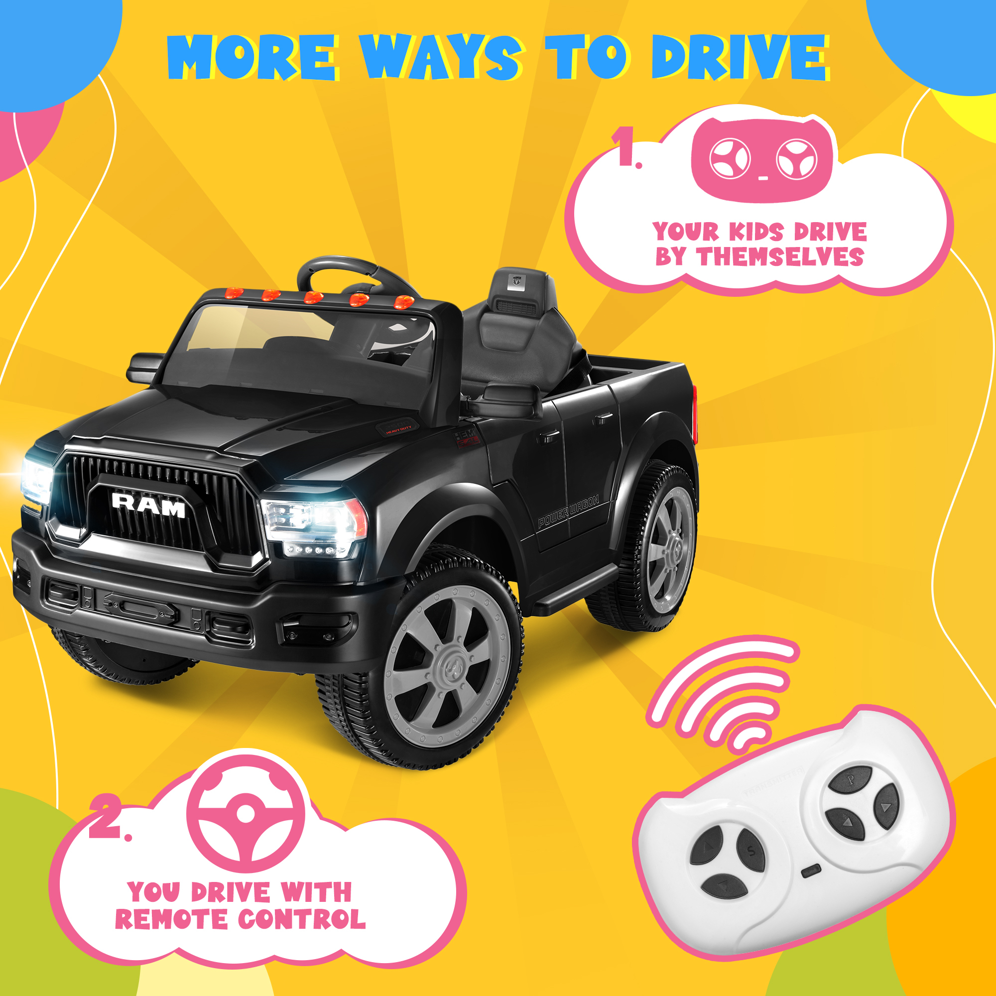 Ram Ride on Cars, 12V Licensed Powered Dodge Ram Ride on Toy Car with Remote Control, Electric Truck Car for Kids 3-5 w/Music Player/LED Headlights/Safety Belt/Water Cup Holder, Black