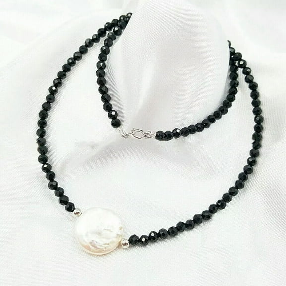 K-KED 3mm Faceted Black Spinel 12-13mm White Natural Coin Pearl Necklace 18''