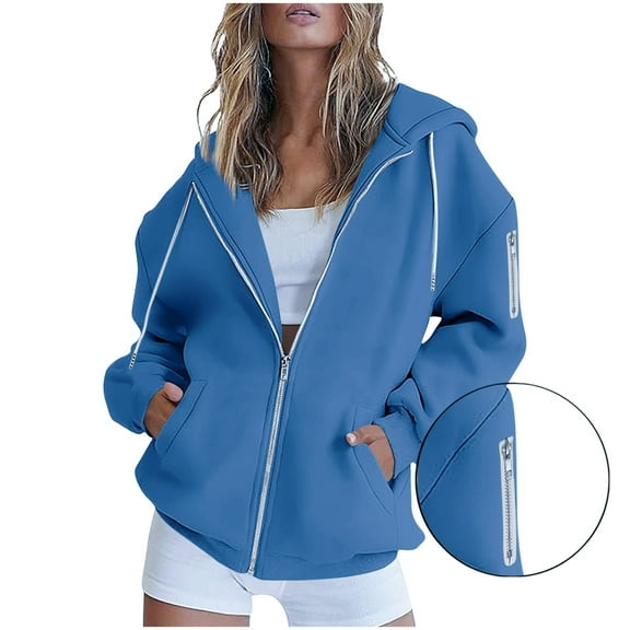 HAPIMO Women's Trendy Gradient Hoodies Loose Fit Long Sleeve Full Zip Hooded Sweatshirts Fall Winter Solid Pocket Workout Sweatshirts Navy M