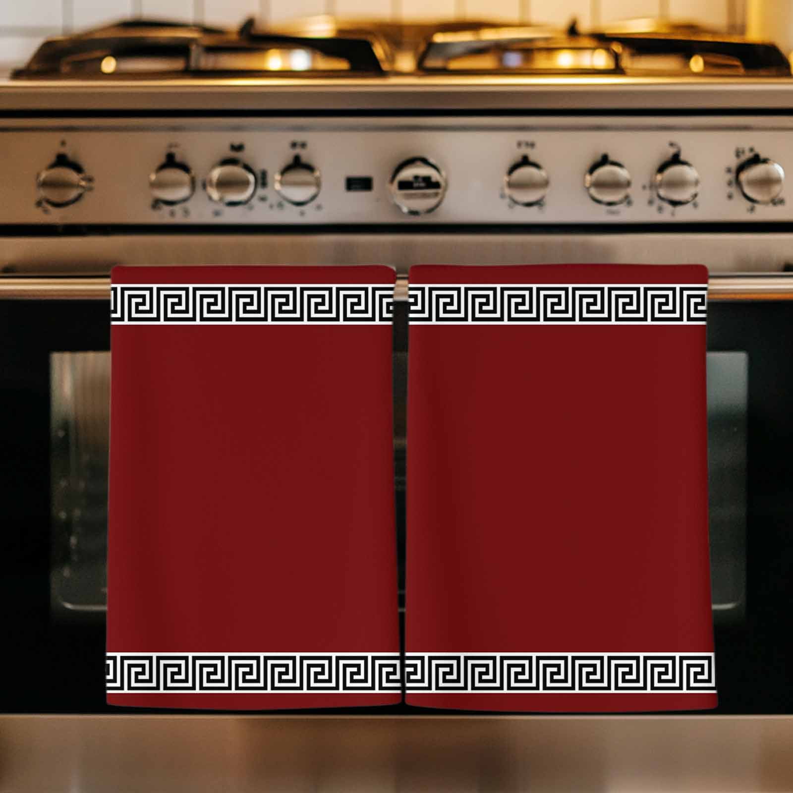 Dish Towels, Geometric Greek Key Design Absorbent Kitchen Towels 2 PCS, Red Microfiber Hand Towels Dish Cloths Tea Towels for Home&nbsp;Bathroom Cleaning Drying,18X28-Inch,