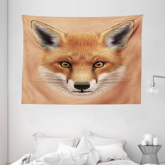 Fox Tapestry, Cute Fluffy Face of Forest Fox Young Baby Mammal Predator Canine Vixen, Wall Hanging for Bedroom Living Room Dorm Decor, 80W X 60L Inches, Light Brown Orange White, by Ambesonne