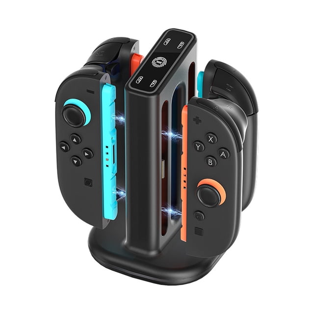 Station de Recharge Carrée 4-en-1 pour Switch et 2 Manettes Joy-Con, Support de Charge avec Indicateur DEL et Éclairage RVB, Station de Recharge pour Mini Manettes NS2 Gauche Droite