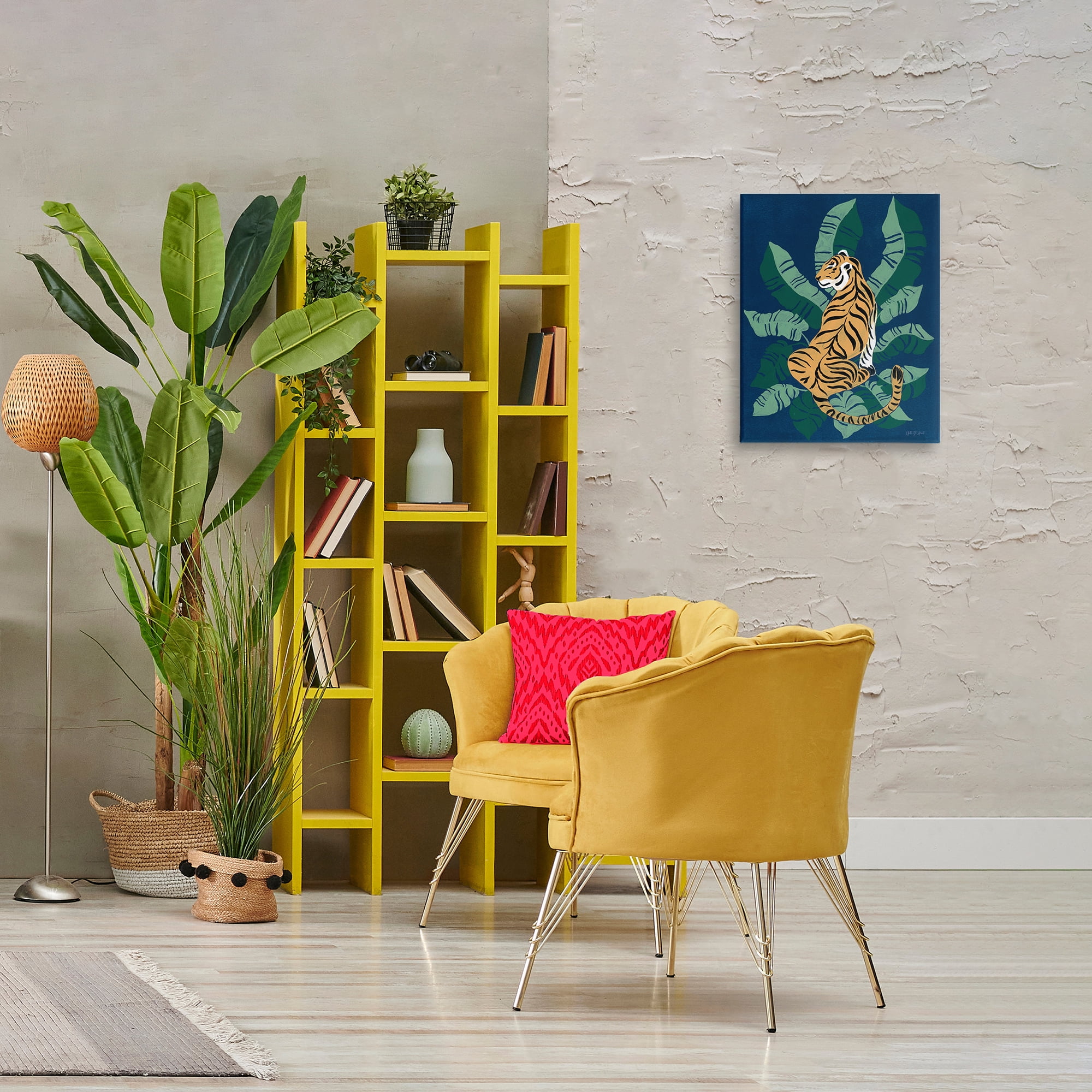 Stupell Industries Tiger Sitting over Palms Animals & Insects Painting Gallery Wrapped Canvas Art Print Wall Art, 16 x 20