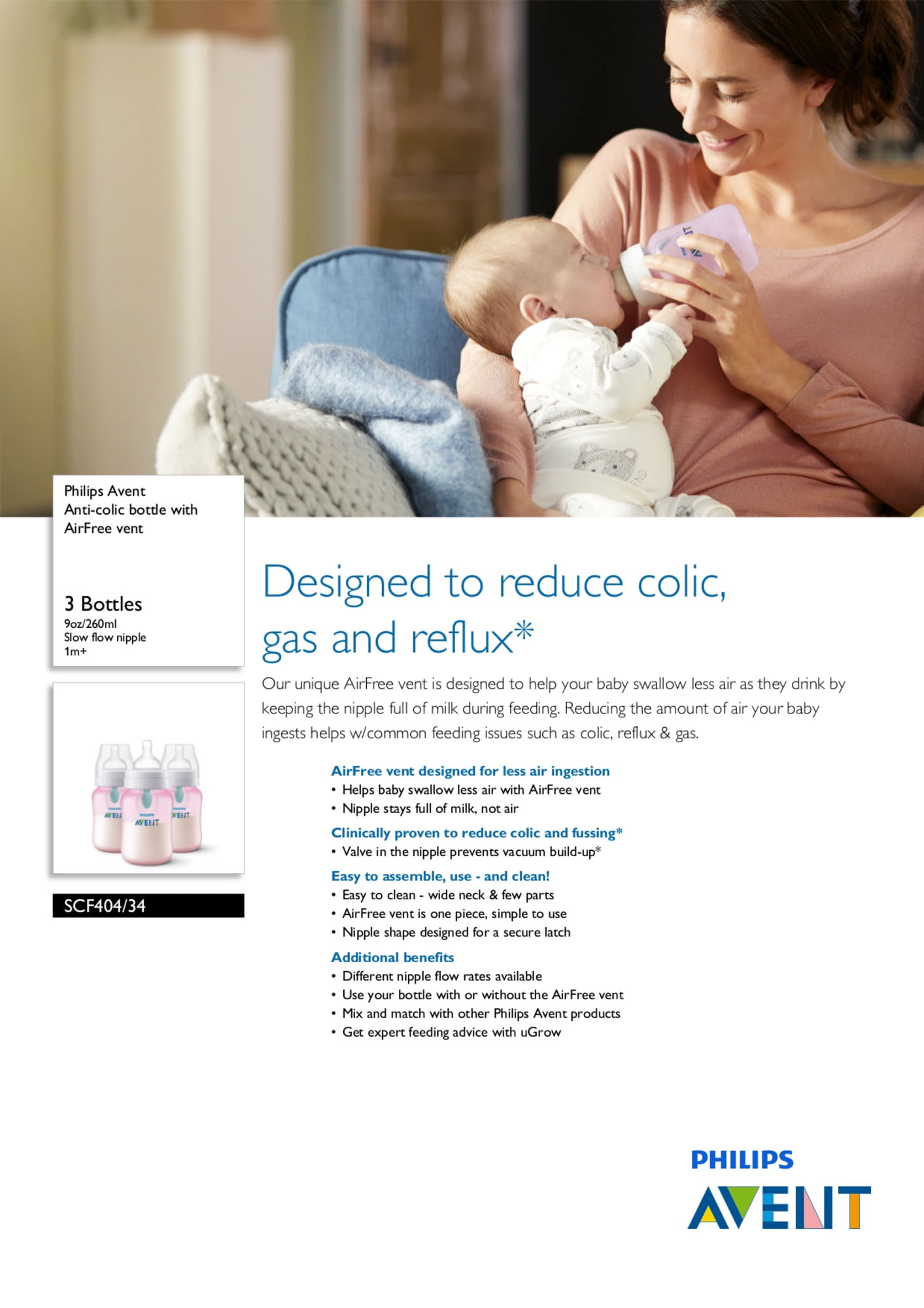 Philips Avent Anti-colic Bottle with AirFree Vent, 9oz, 3pk, Pink, SCF404/34