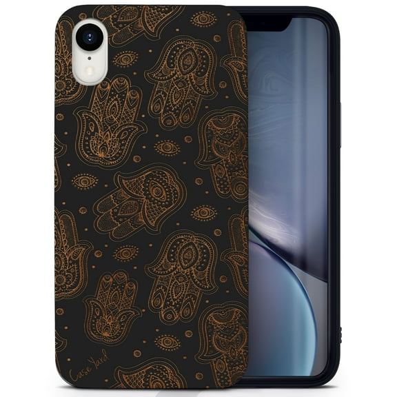 Wood phone case for iPhone XR compatible protective cell phone cover shockproof slim fit laser engraved Hamsa Overload design Black wood case for Men & Women by CaseYard