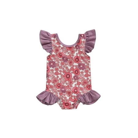 

Kid Girl Romper Swimsuit Toddler Fly Sleeve Round Neck Flower Print Summer Beach Swimwear Jumpsuit