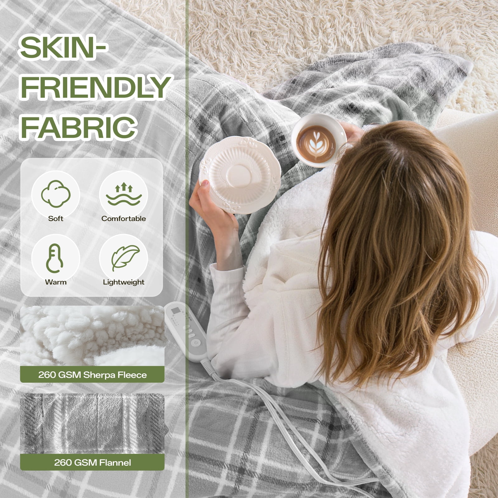 ELEKA Electric Blanket Queen Size，Soft Flannel & Sherpa Heated Blanket，1–10H Auto‑Off,8 Heating Levels，Warm Gift for Family ,84"x90" inches， Grey White Plaid