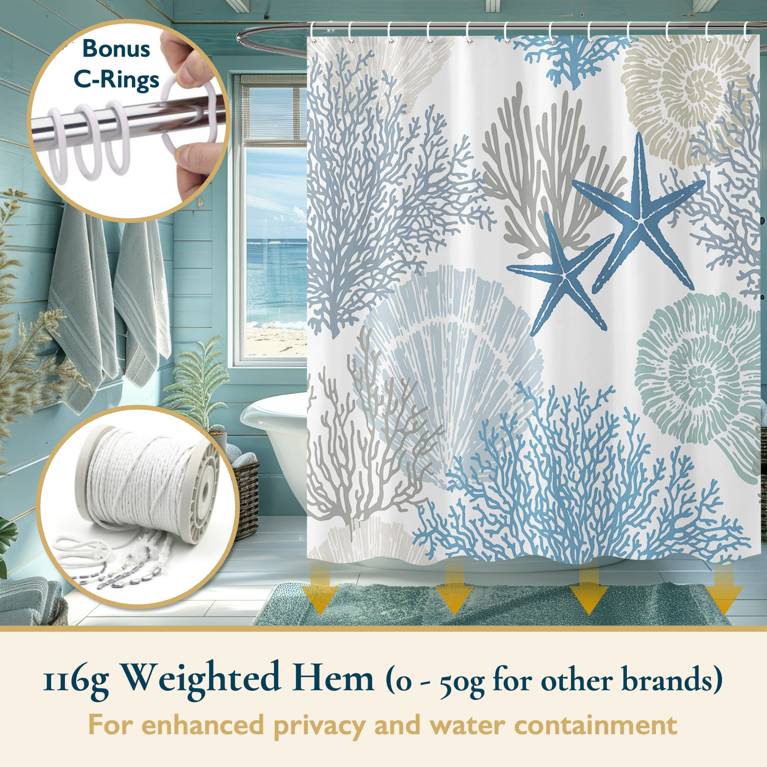 ComfiTime Coastal Blue Fabric Shower Curtain with Hooks, 72x72 photo 5