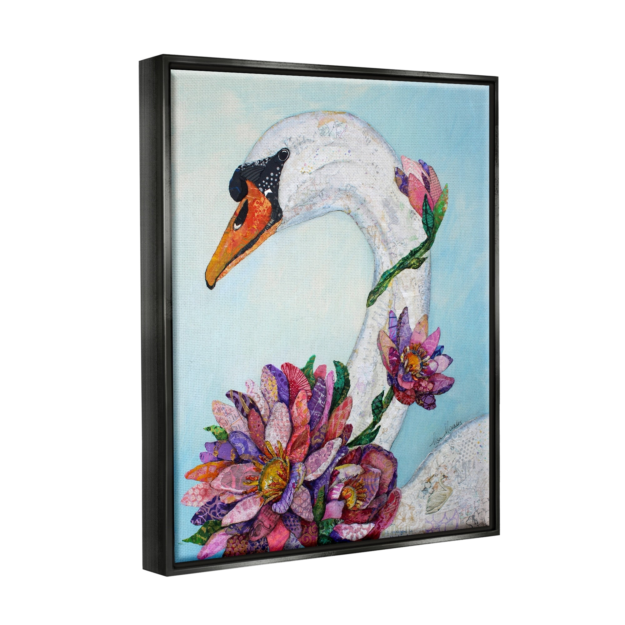 Stupell Industries Swan Bird Vivid Lotus Flower Blossoms Collage Painting Metallic Gold Floating Framed Canvas Print Wall Art, Design by Lisa Morales