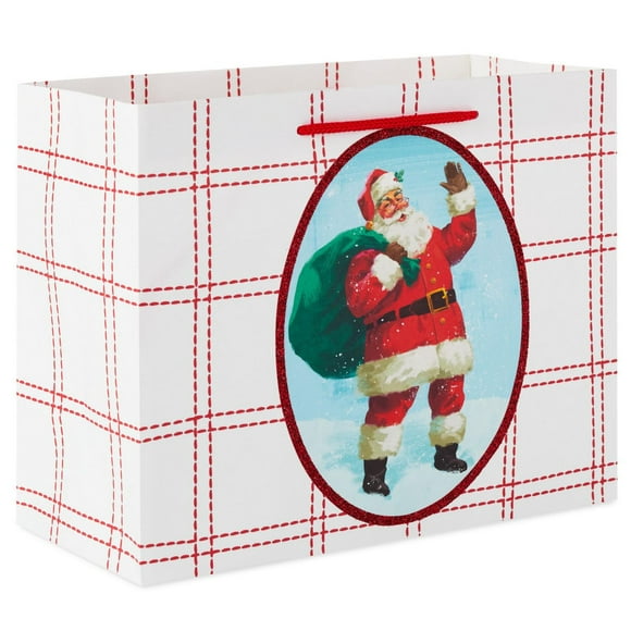 Sac-cadeau moyen de Noël – Format horizontal – Hallmark (Père Noël sur fond à motif écossais)