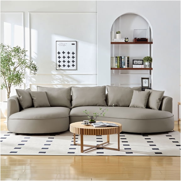 JERFIT Modern 5-Seater Curved Bonded Leather Sectional Sofa with Chaise, Plush Comfort for Living Room & Apartment, Light Grey